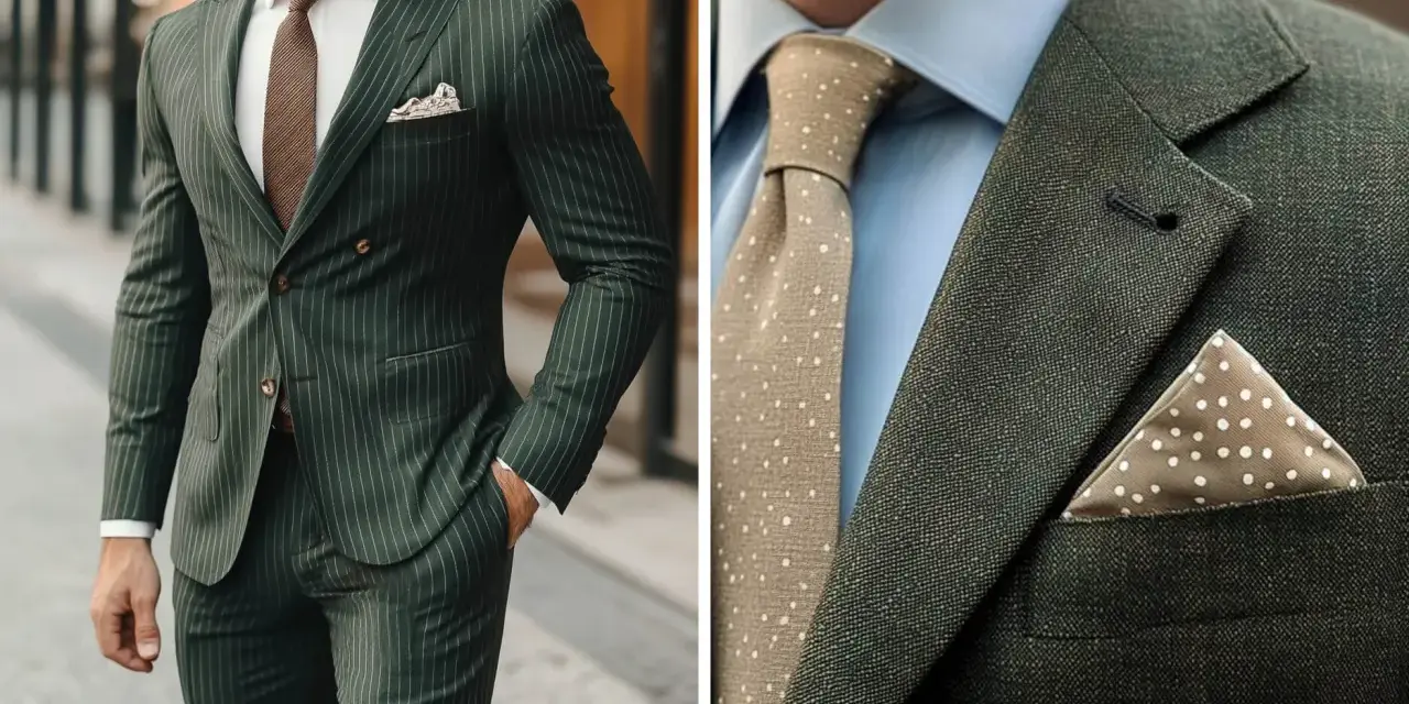 Un uomo indossa un elegante vestito verde a righe, con cravatta e fazzoletto coordinati. Perfetto per ogni occasione, questo completo è ideale con le giuste scarpe da abbinare.