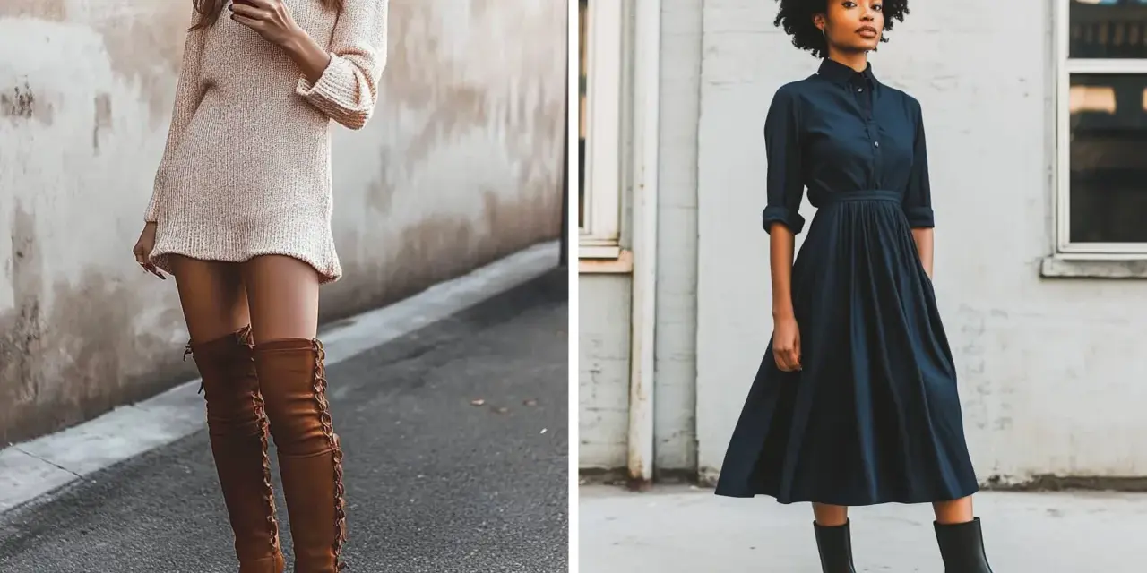 Dos mujeres lucen elegantes vestidos con botines y medias. Una con un vestido tejido y botas altas de gamuza, la otra con un vestido camisero y botines negros.