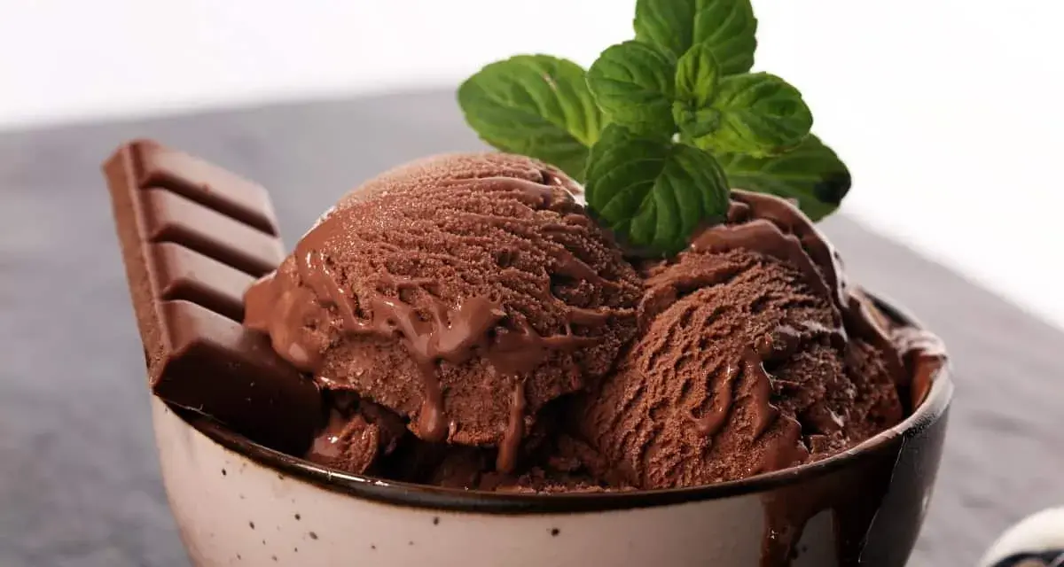 Delicioso helado de chocolate cremoso en un tazón, adornado con una hoja de menta y una barra de chocolate.