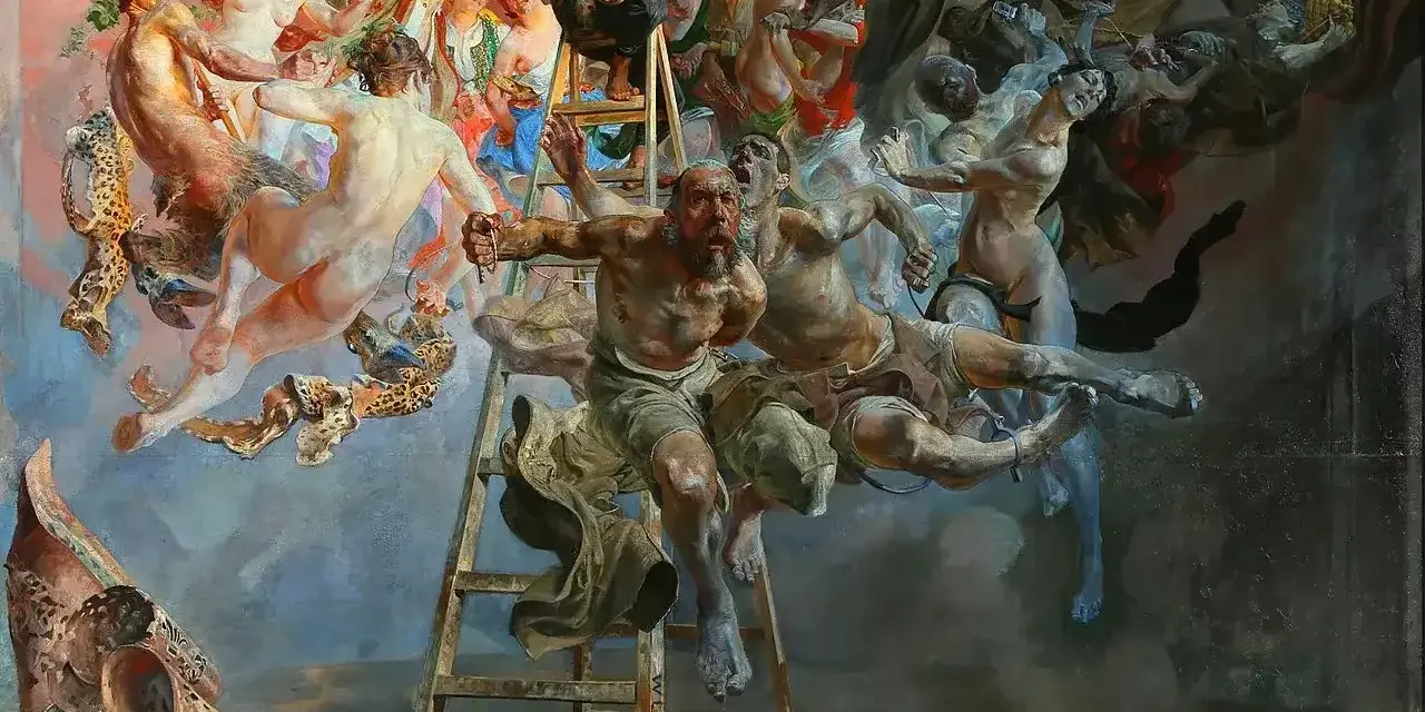 Wernyhora, otoczony przez postacie z mitologii i historii, wspina się po drabinie ku światłu, symbolizując wizję przyszłości.