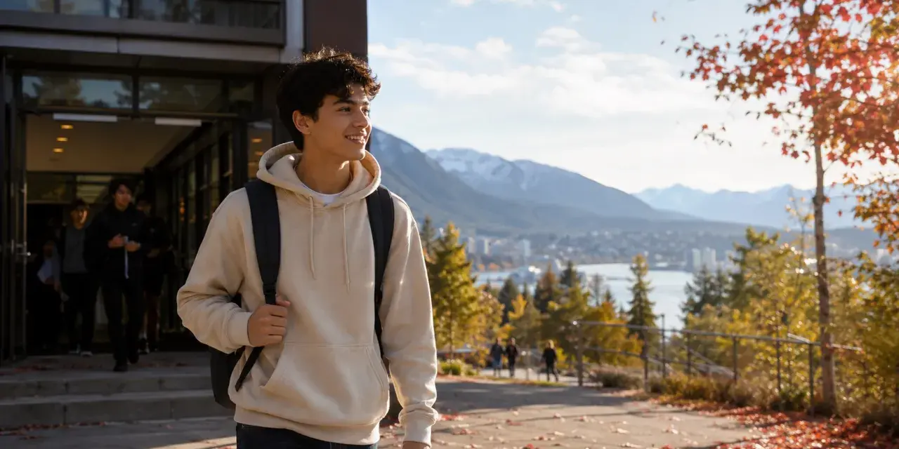Ein junger Mann mit Rucksack verlässt ein Gebäude, im Hintergrund Berge und Stadt. Perfekt für sein Auslandsjahr Kanada.