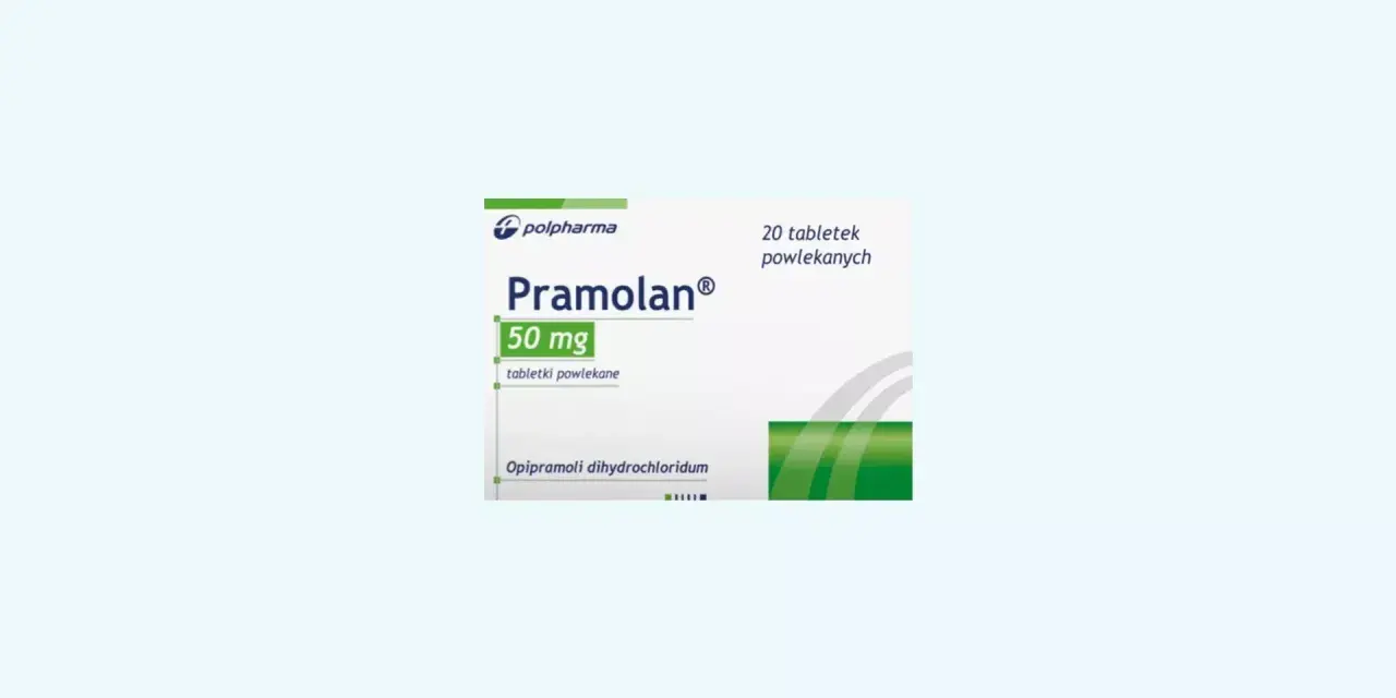 Opakowanie leku Pramolan 50 mg, 20 tabletek powlekanych. Stosowany na depresję i lęk.