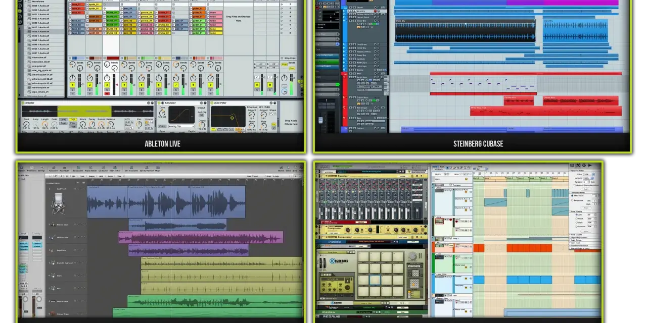 Ableton Live, Cubase, Logic Pro, Reason - cztery programy do produkcji muzyki. Widzimy tu ścieżki audio, MIDI i wirtualne instrumenty. Midi co to? To format zapisu nut, który steruje instrumentami.