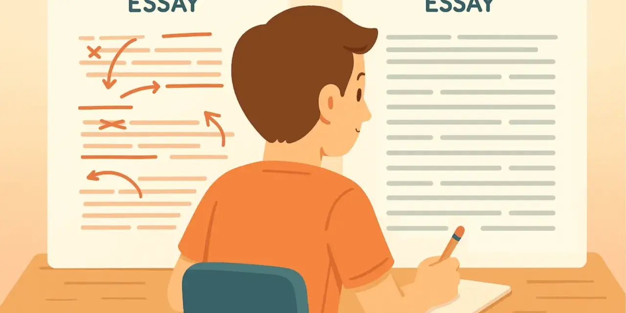 Un estudiante se sienta a una mesa, con un ensayo a la izquierda marcado con correcciones y otro a la derecha listo para escribir.