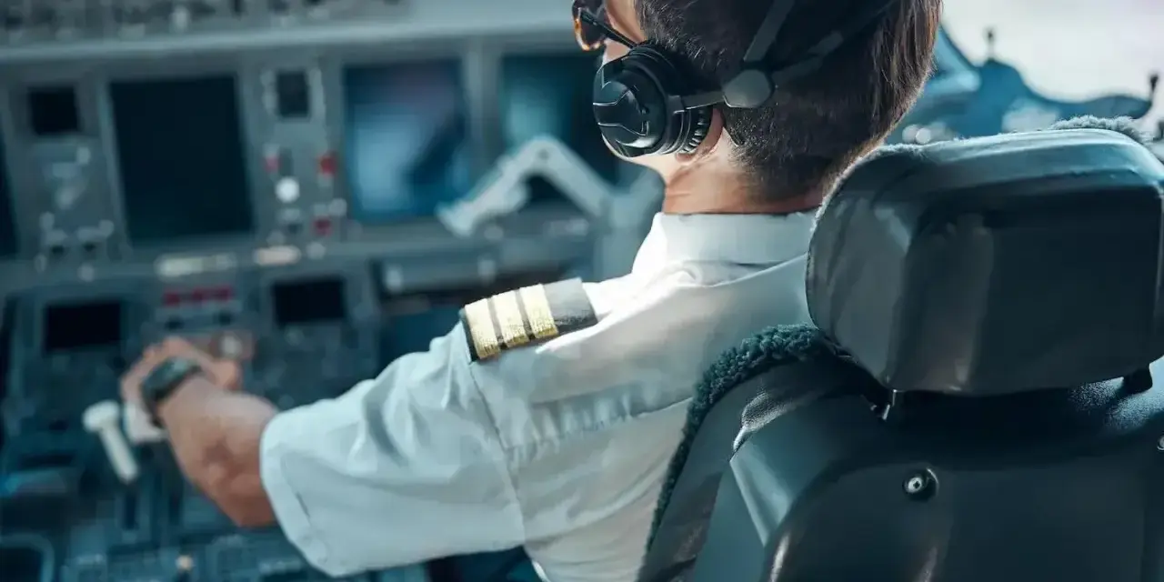 Pilot w słuchawkach i okularach siedzi w kokpicie samolotu, trzymając ręce na sterach.
