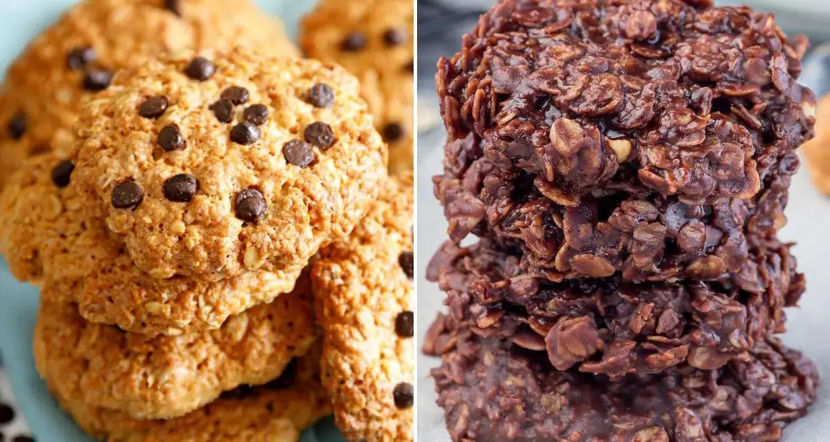 Dos tipos de galletas de avena y chocolate: unas doradas con chispas de chocolate y otras oscuras y húmedas.
