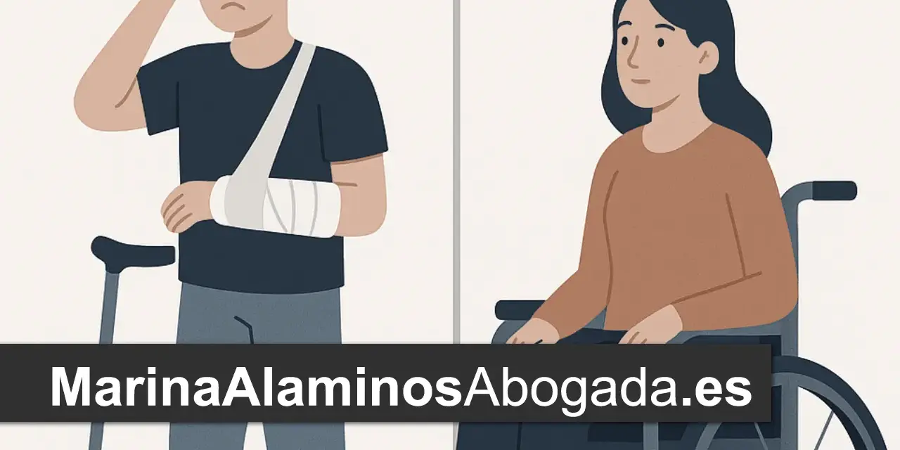 Hombre con brazo en cabestrillo y muleta, y mujer en silla de ruedas.