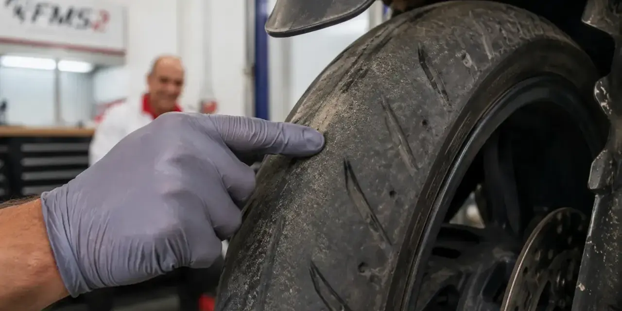 Mano guantata indica il battistrada minimo di una moto, mostrando l'usura.