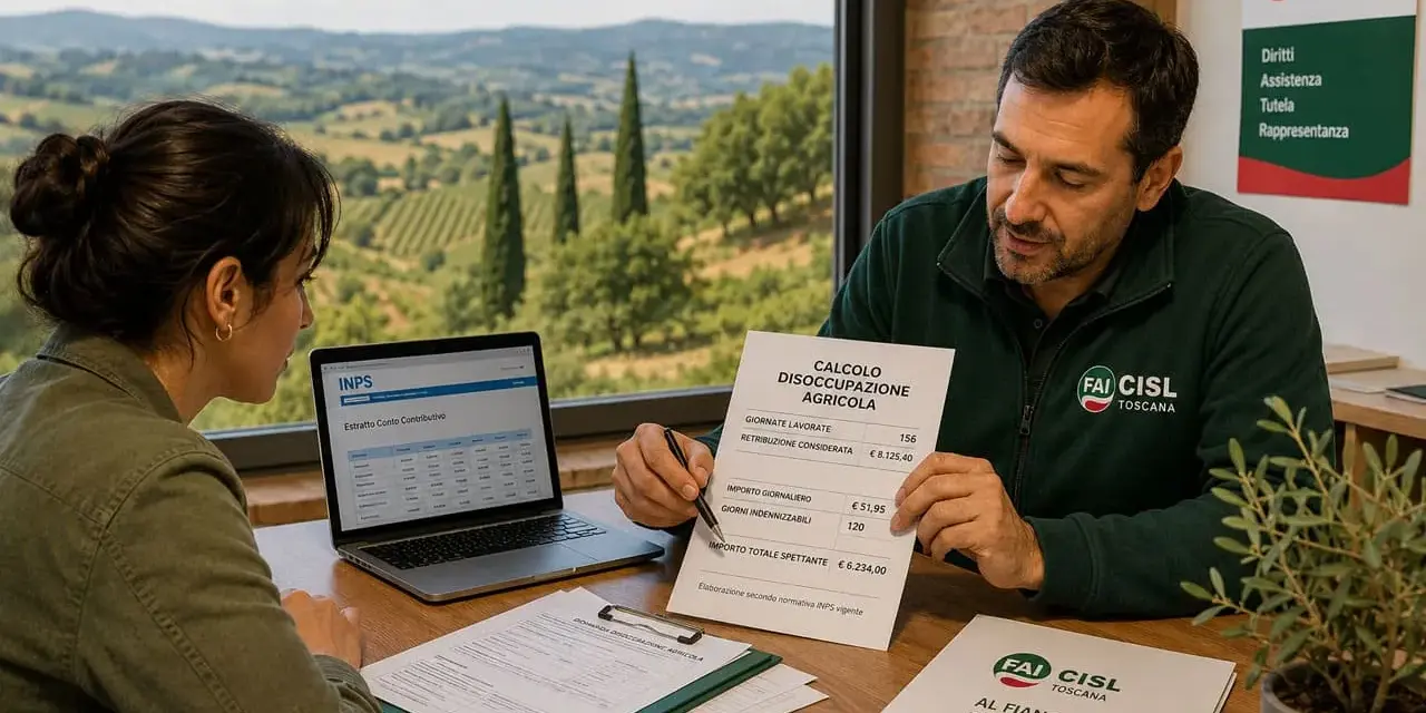 Uomo e donna analizzano calcolo disoccupazione agricola. Offerte lavoro stagione invernale per lavoratori agricoli.