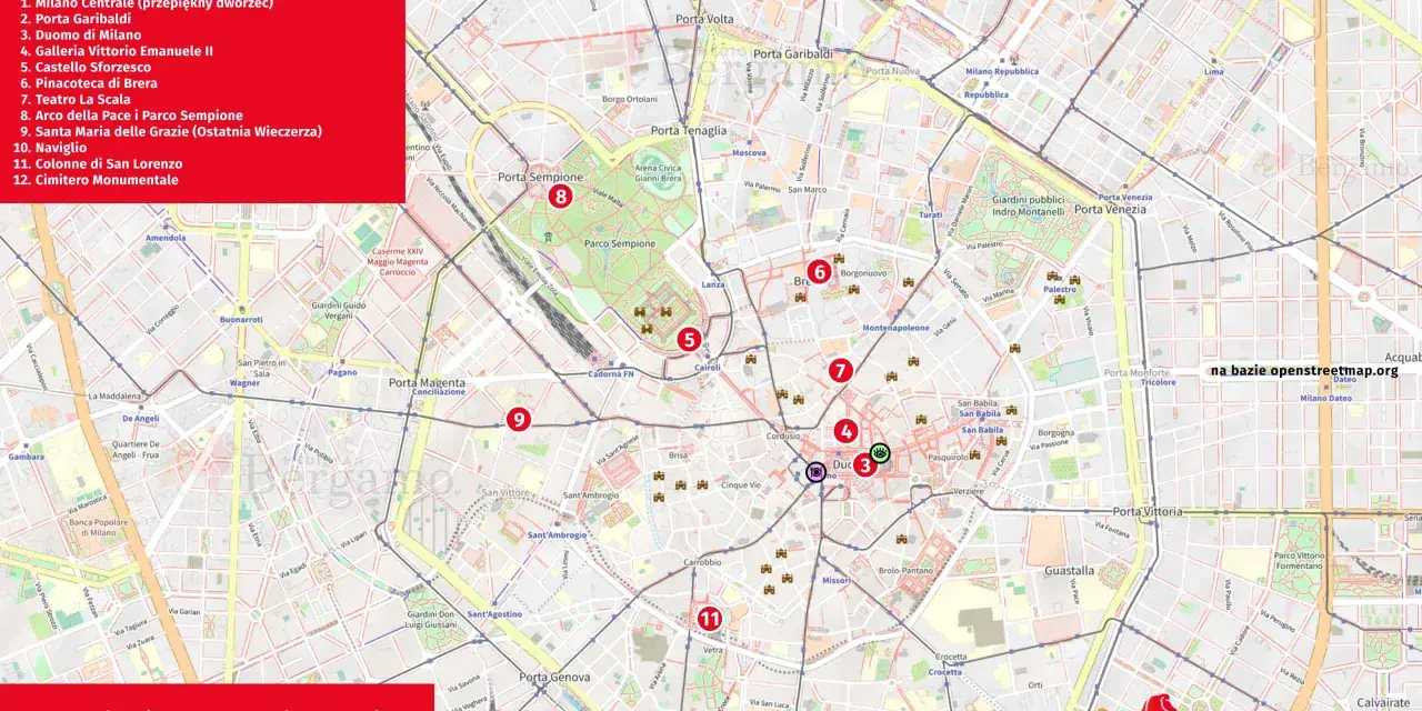 Mapa Mediolanu z zaznaczonymi atrakcjami, idealna na weekend. Zobacz, gdzie warto się wybrać!
