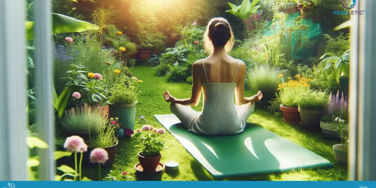 Frau in weißer Kleidung praktiziert Meditation im Garten. Die Erdung durch die Natur unterstützt die innere Ruhe.