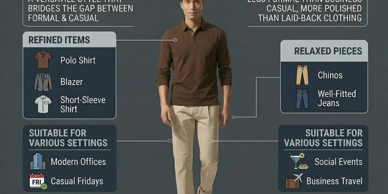 Guía de **smart casual dress code**: hombre con polo marrón y chinos beige. Ideal para oficinas modernas y eventos sociales.