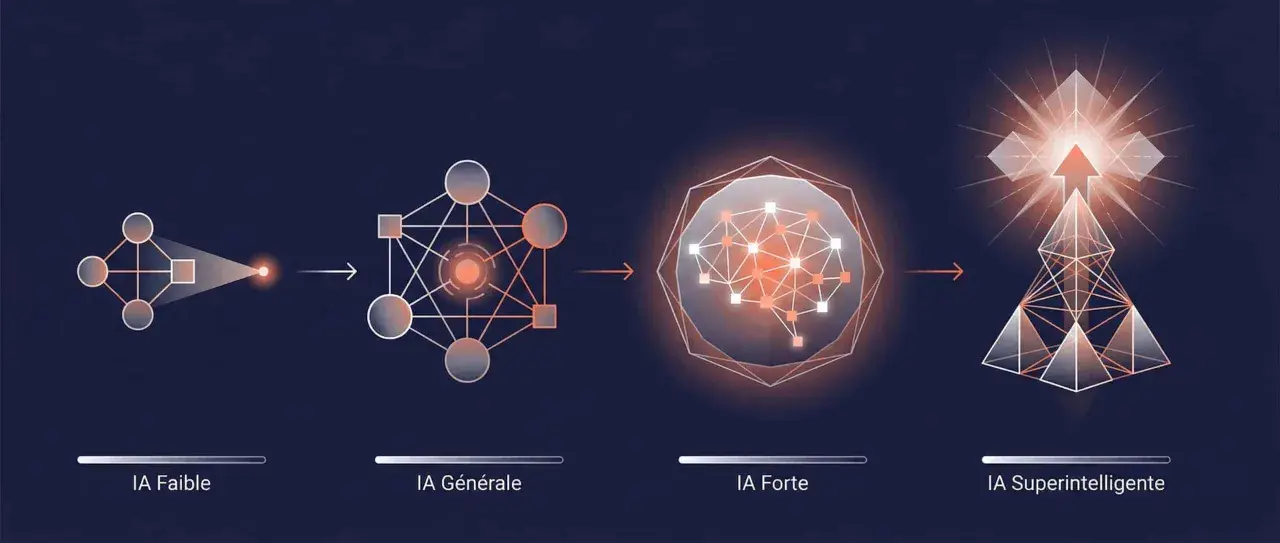 Evolución de la inteligencia artificial: IA débil, general, fuerte y superinteligente, representada por diagramas abstractos y un crecimiento exponencial.