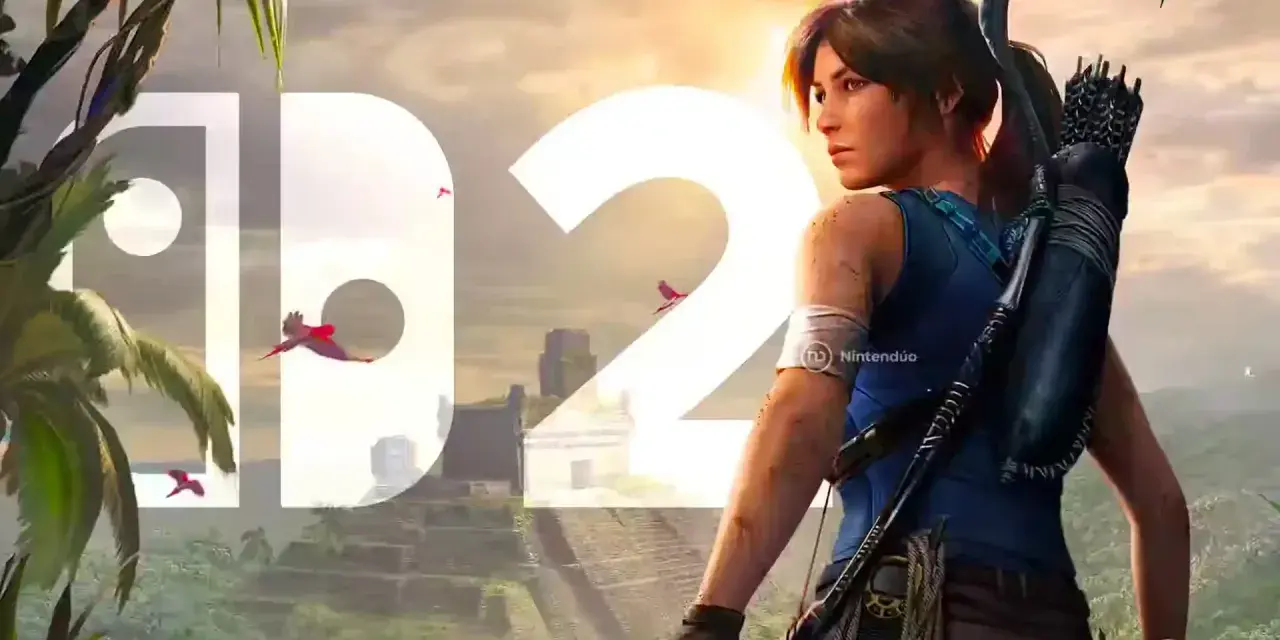 Lara Croft lista para la aventura en el **Tomb Raider Switch**. Ruinas antiguas y pájaros rojos en un paisaje selvático.