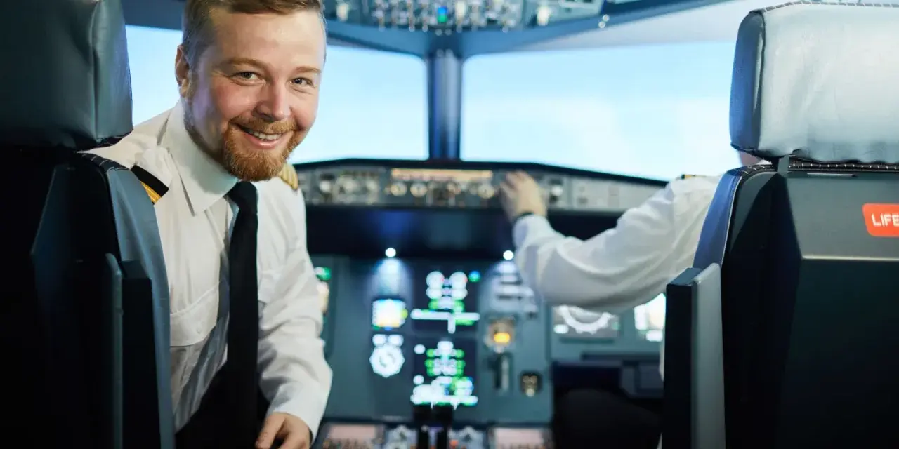Uśmiechnięty pilot w kabinie samolotu, obok drugiego pilota przy panelu sterowania.
