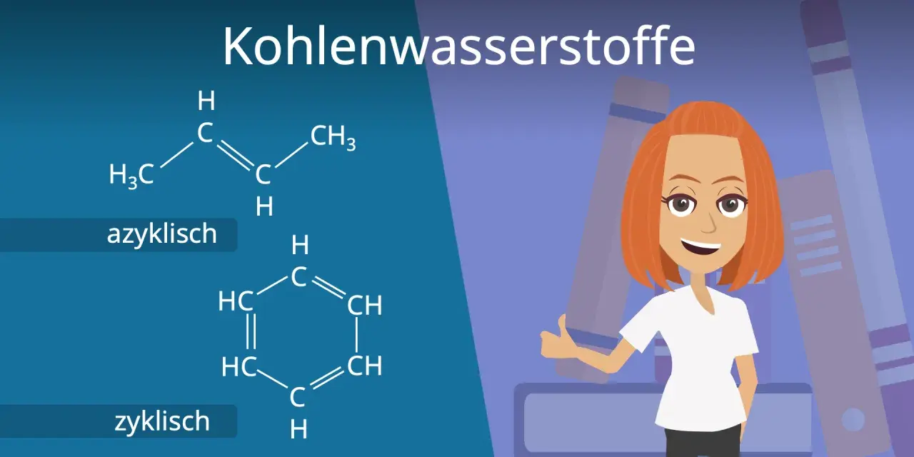 Chemische Strukturen von Kohlenwasserstoffen: eine azyklische und eine zyklische Verbindung. Eine lächelnde Frau mit roten Haaren gibt Daumen hoch.
