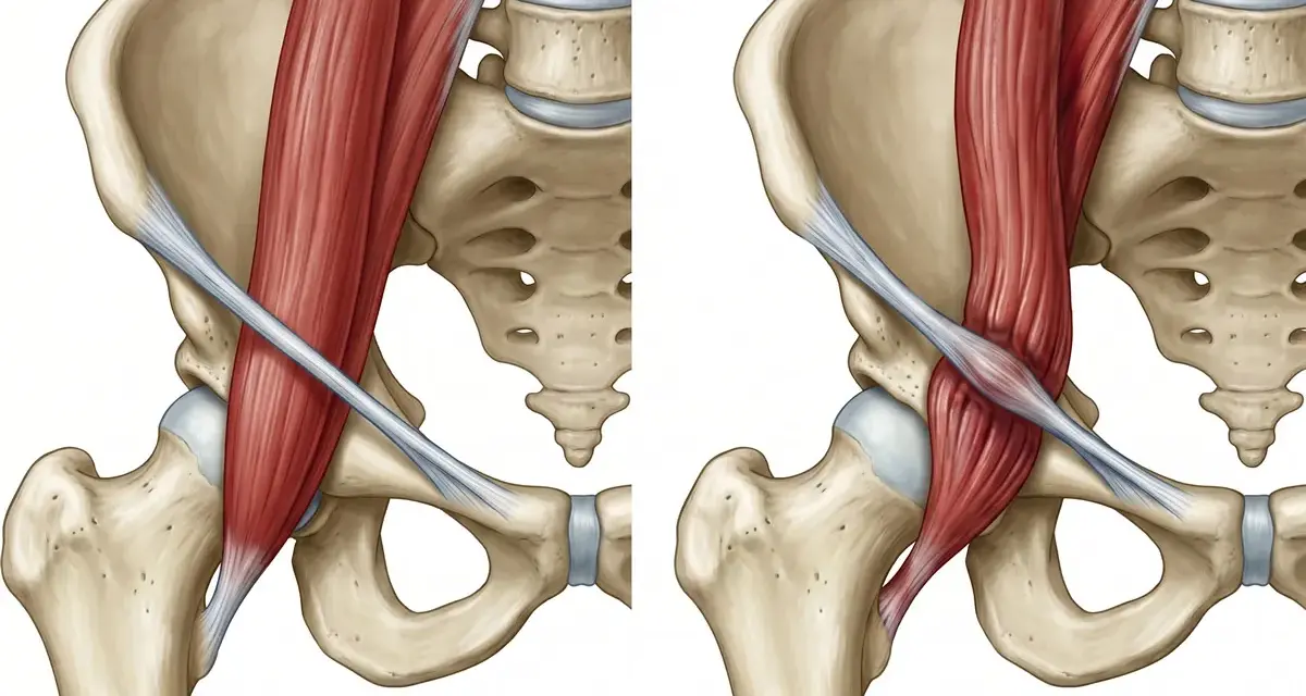 Anatomia biodra z widocznym mięśniem biodrowo-lędźwiowym, ilustrująca mechanizm zespołu trzaskającego biodra.