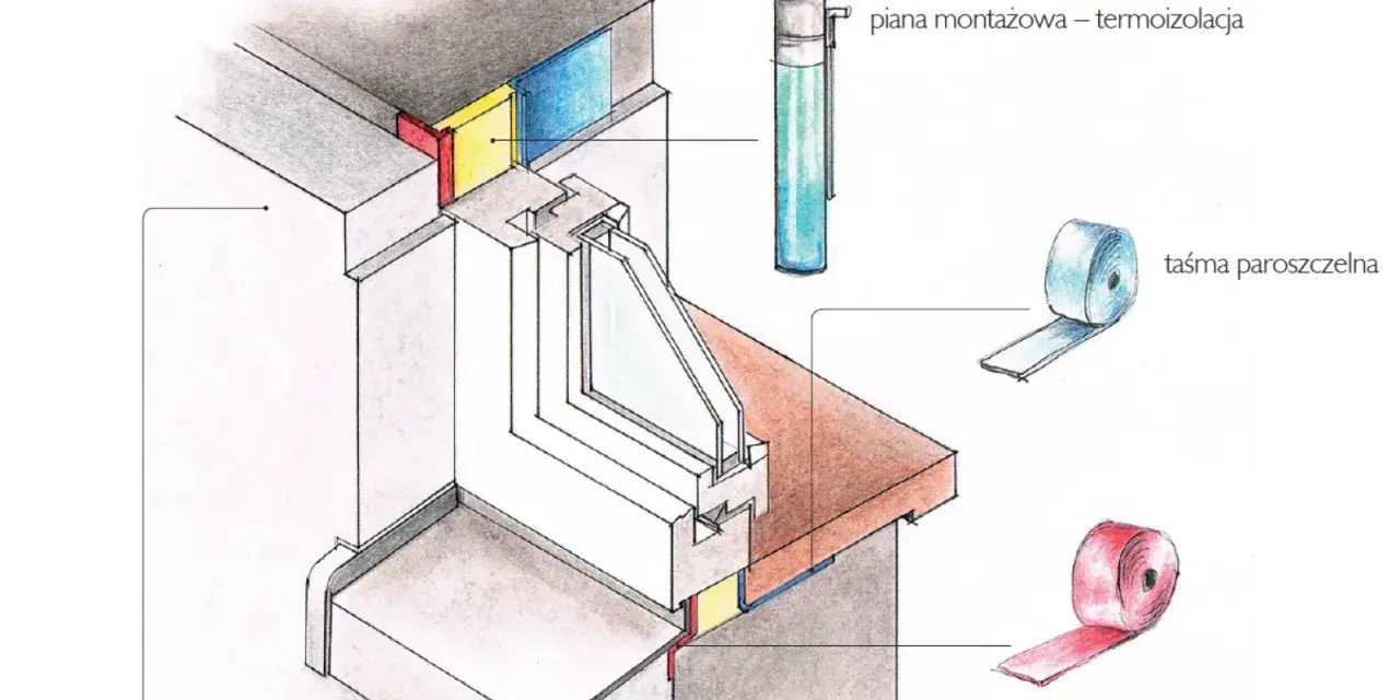 Szczegółowy przekrój okna w ścianie szkieletowej. Piana montażowa, taśmy paroszczelna i paroprzepuszczalna to klucz do prawidłowego montażu okien w domu szkieletowym.