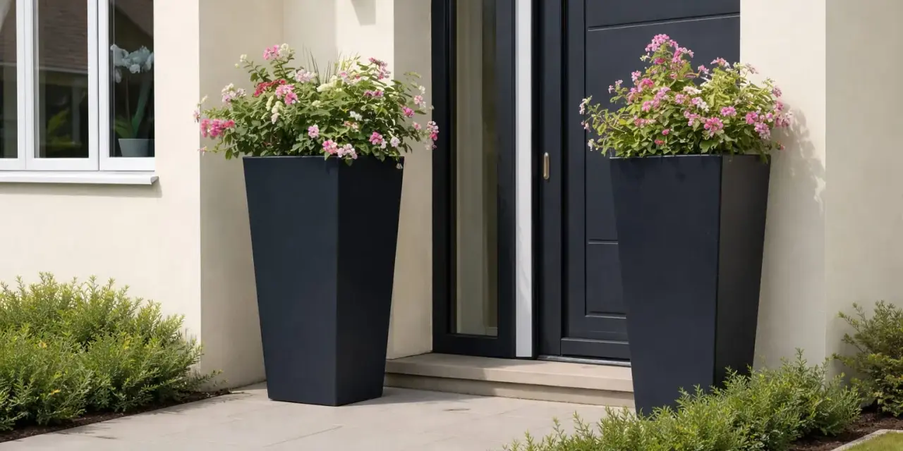 Zwei hohe, dunkle Pflanzkübel mit rosa und weißen Blüten schmücken den Eingangsbereich. Ein schöner Weg, den hauseingang zu bepflanzen.