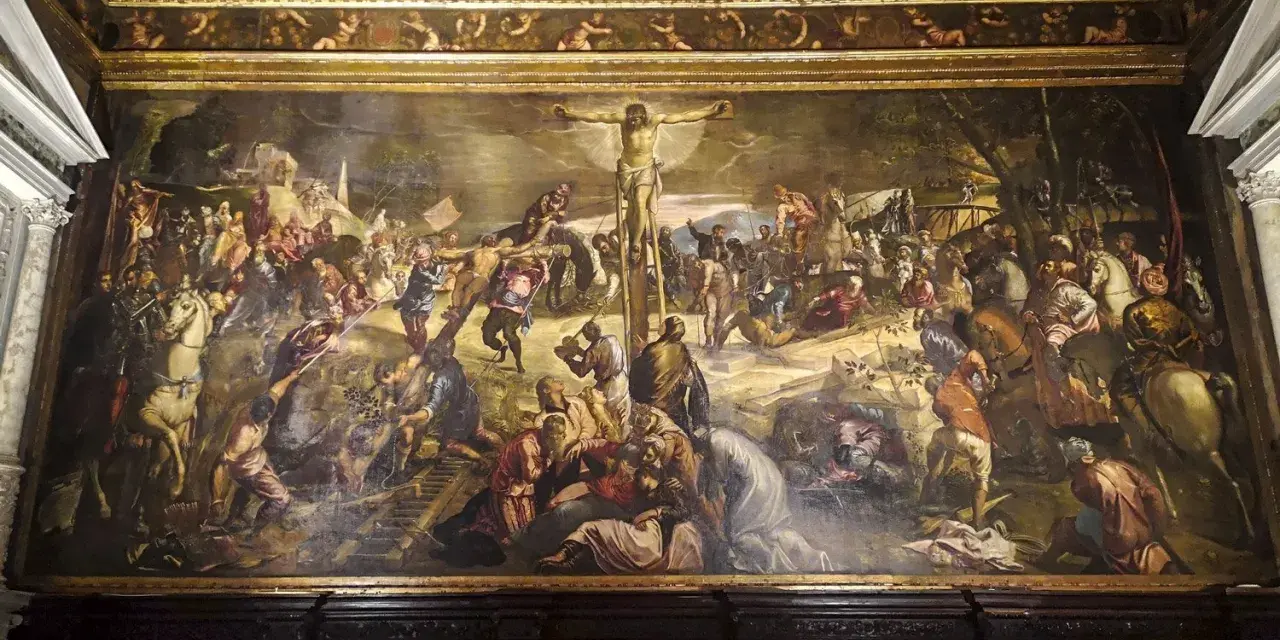 La Crocifissione, una delle grandiose opere della Scuola Grande di San Rocco, con una folla di figure e cavalli.