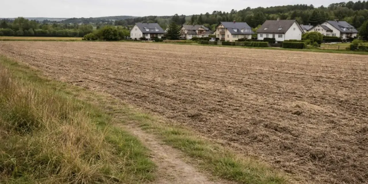 Pola z zaoranymi glebami pochodzenia organicznego, z domami w tle. Ścieżka prowadzi przez trawę do zaoranego pola.