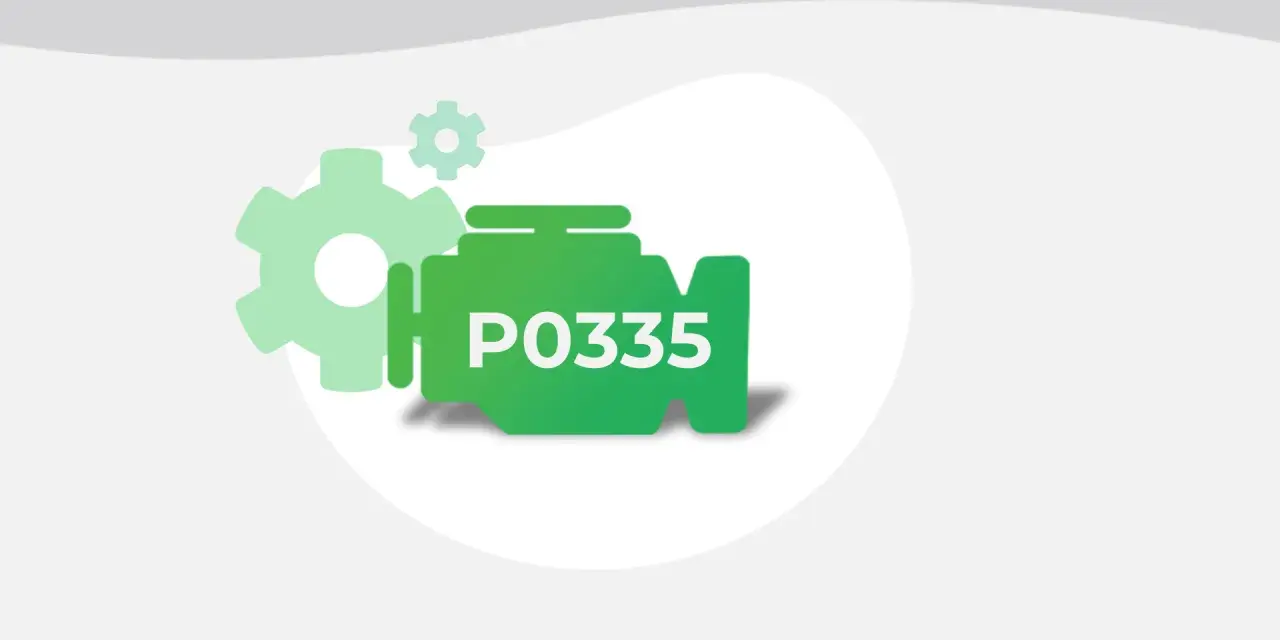 Green engine icon with "P0335" text, symbolizing a diagnostic trouble code. Gears suggest mechanical issues.