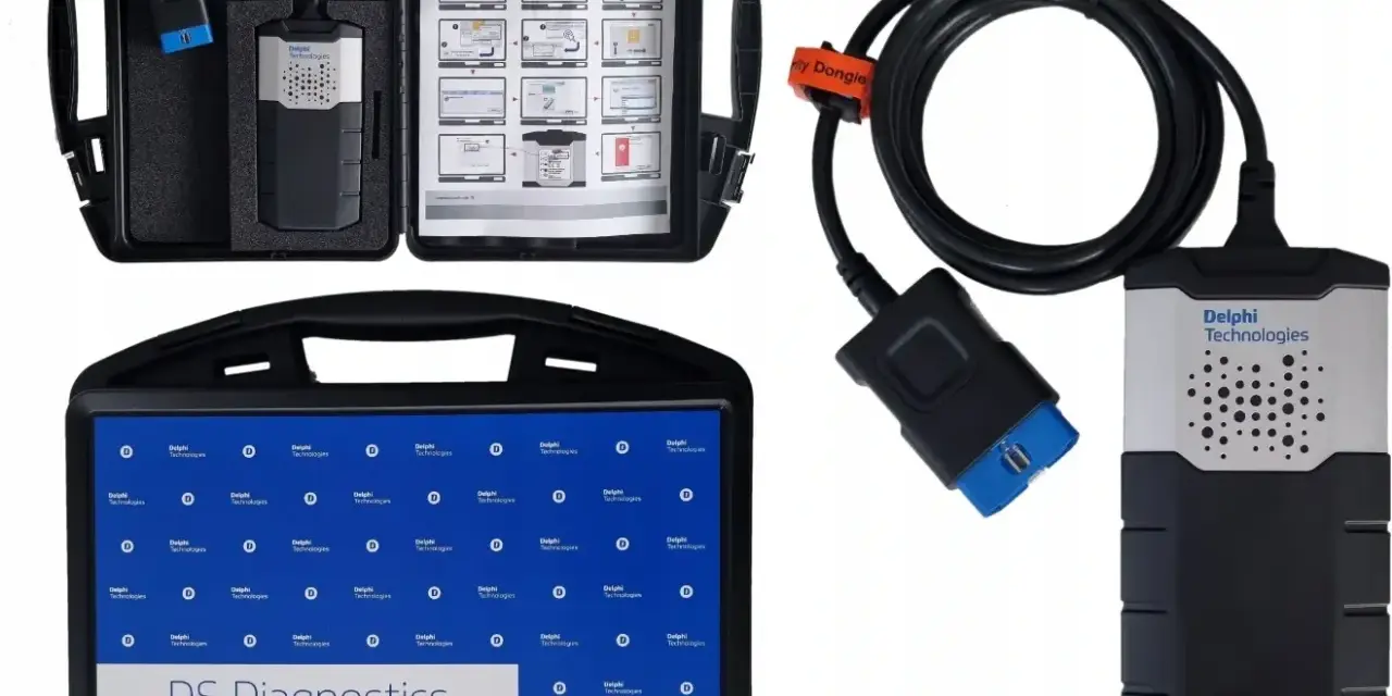 Zestaw Delphi DS Diagnostics: interfejs diagnostyczny, kabel, instrukcja i tablet.