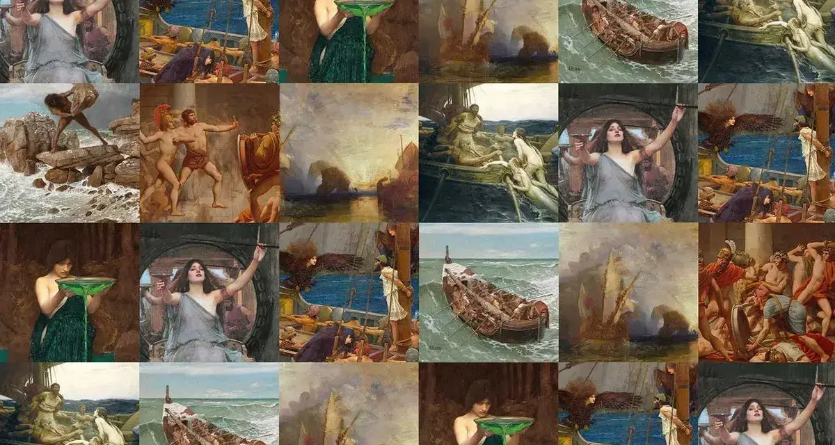 Collage d'œuvres d'art néoclassiques, dont des scènes maritimes, des figures mythologiques et des représentations de Galatée, évoquant le triomphe de Galatée.