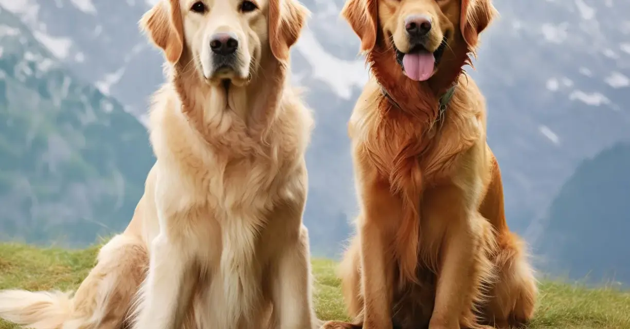 Dwa golden retrievery siedzące na trawie na tle gór.