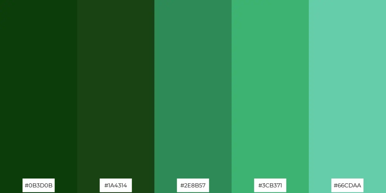 Cinco franjas verticales muestran una gama de tonos de verde, desde el verde bosque oscuro hasta un verde azulado claro, evocando la naturaleza.