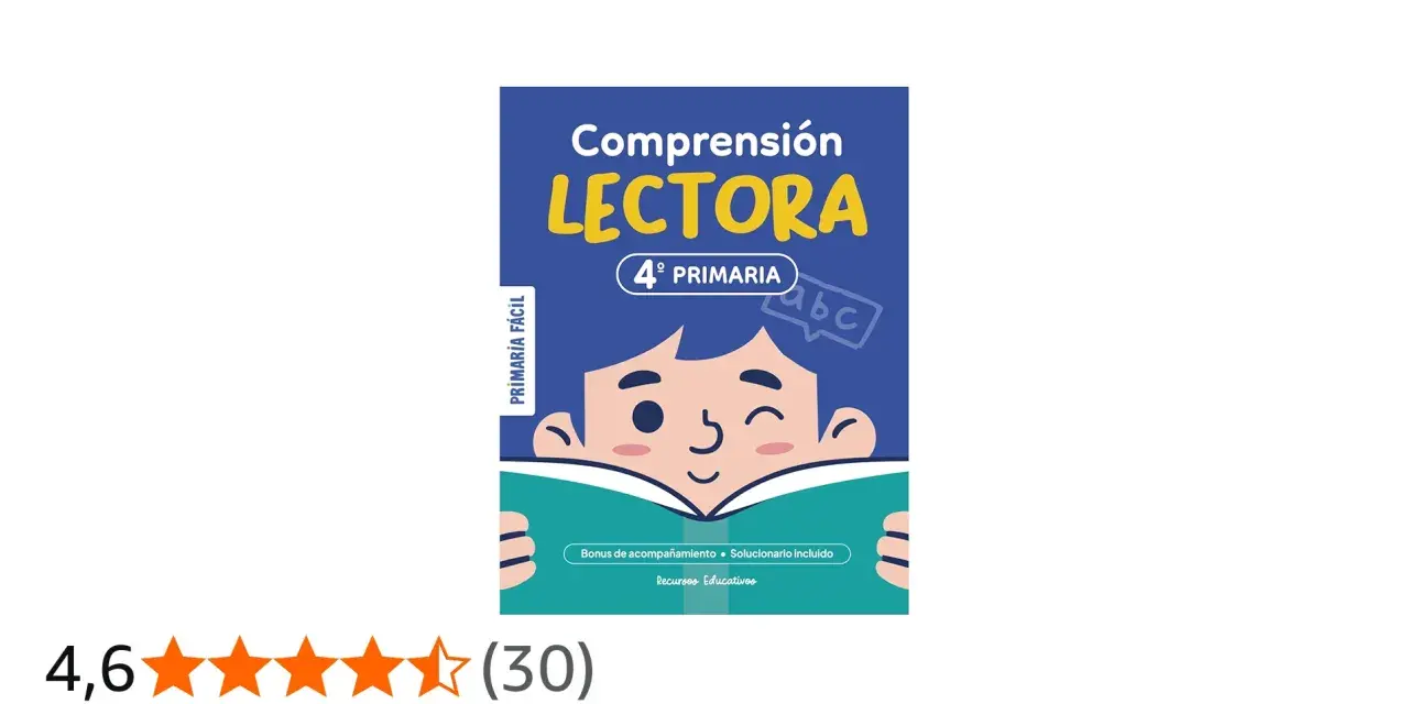 Libro de comprensiones lectoras para 4º primaria con un niño leyendo. Incluye bonus y solucionario.