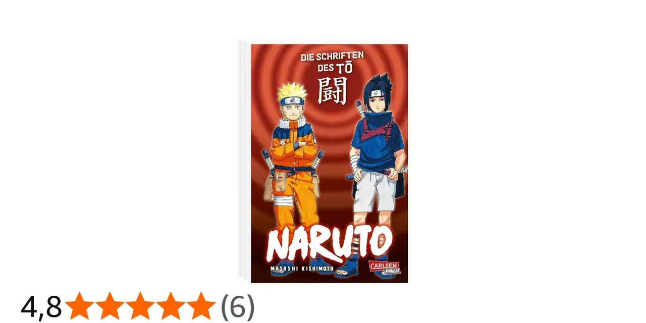 Naruto und Sasuke stehen vor einem roten Hintergrund. Naruto trägt seine orangefarbene Kleidung, Sasuke seine blaue.