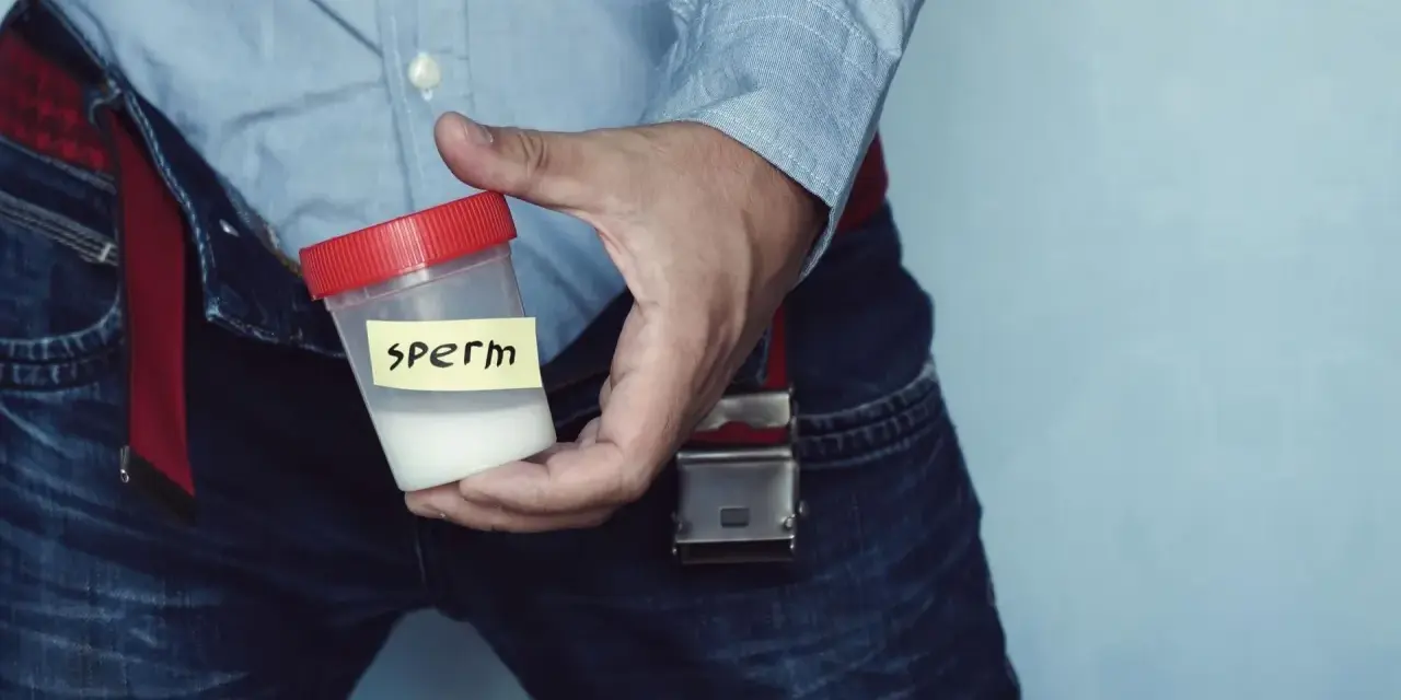 Mężczyzna trzyma pojemnik z białą substancją, której kolor spermy jest widoczny.