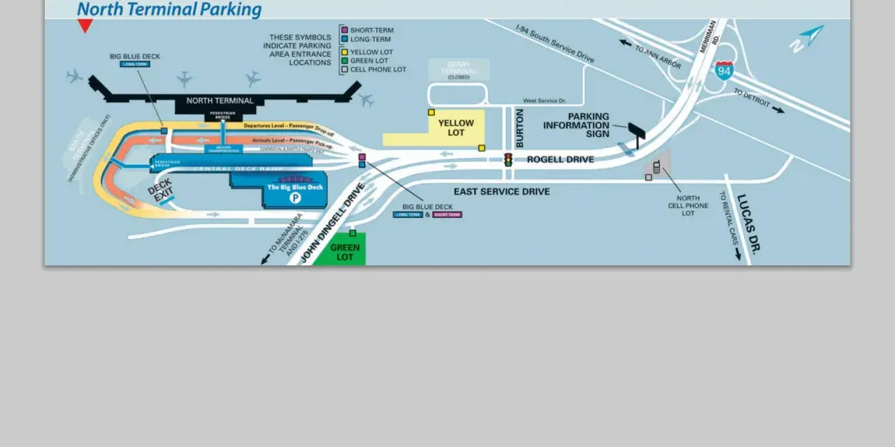 Mapa parkingu przy dtw airport: North Terminal, Big Blue Deck, Yellow Lot, Green Lot, Cell Phone Lot, Berry Terminal (zamknięty).