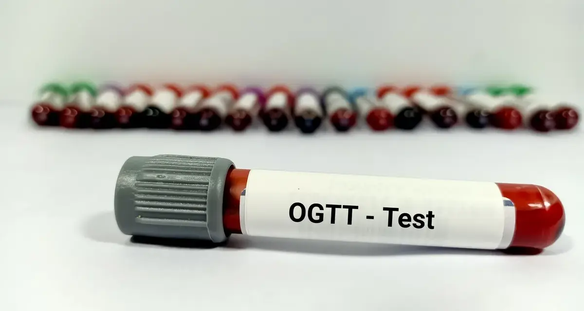 Probówka z oznaczeniem OGTT - Test na tle wielu innych próbek krwi.