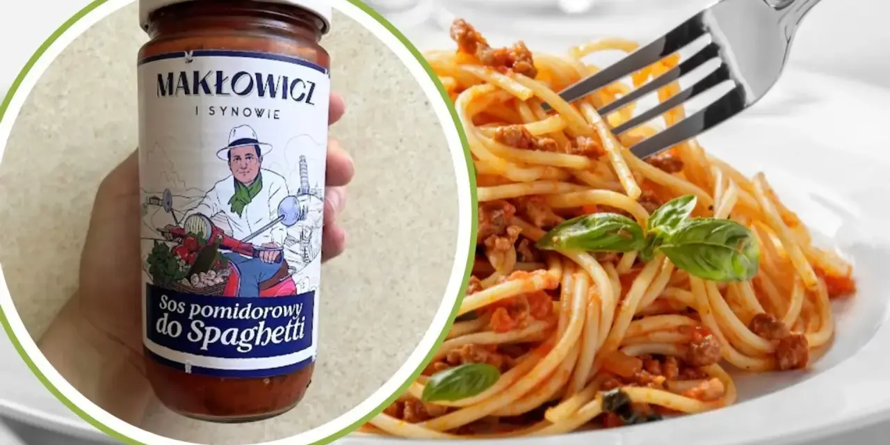 Sos pomidorowy Makłowicz i Synowie do spaghetti, gotowy do podania z domowym makaronem.