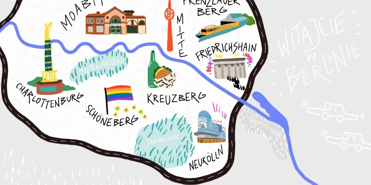 Mapa Berlina z zaznaczonymi dzielnicami i atrakcjami. Szukasz inspiracji, gdzie zjeść w Berlinie? Ta mapa pokazuje popularne miejsca.