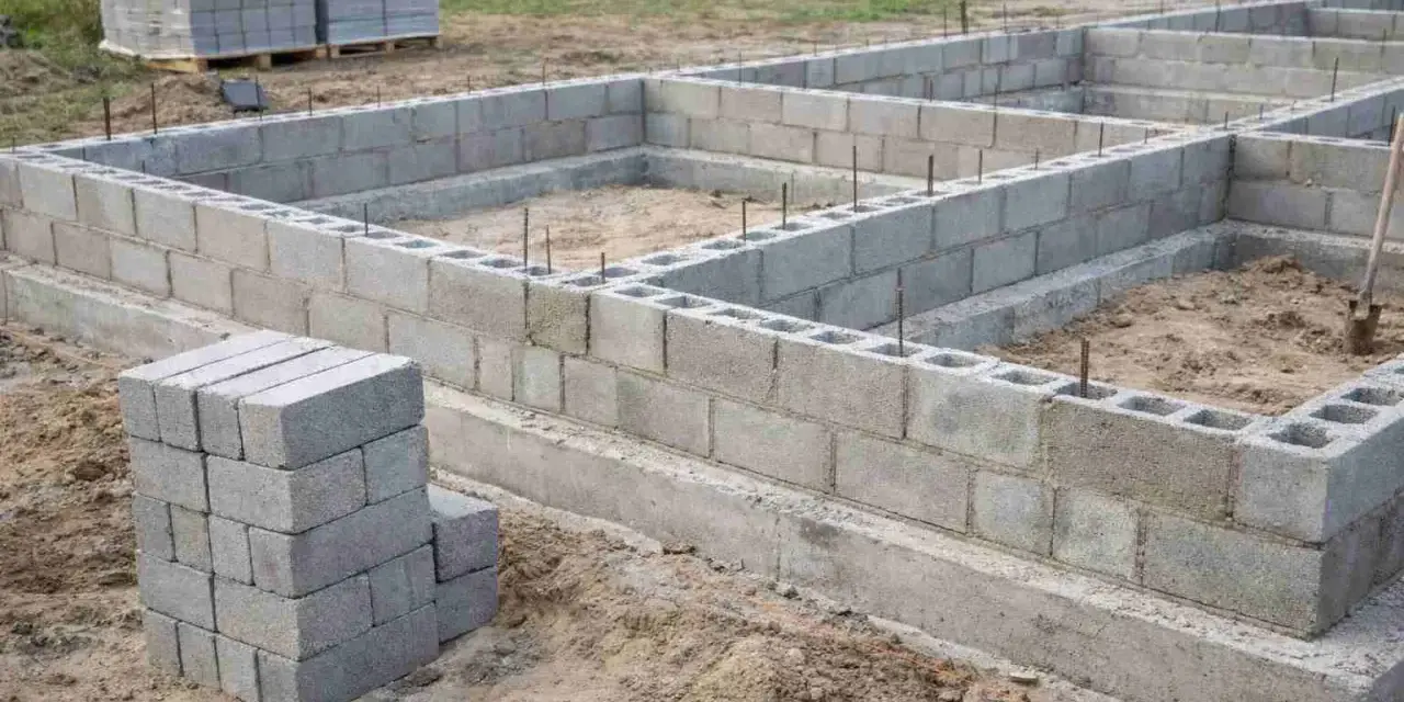 Budowa domu w toku: betonowy wieniec fundamentowy z bloczków betonowych, przygotowany pod dalsze prace.