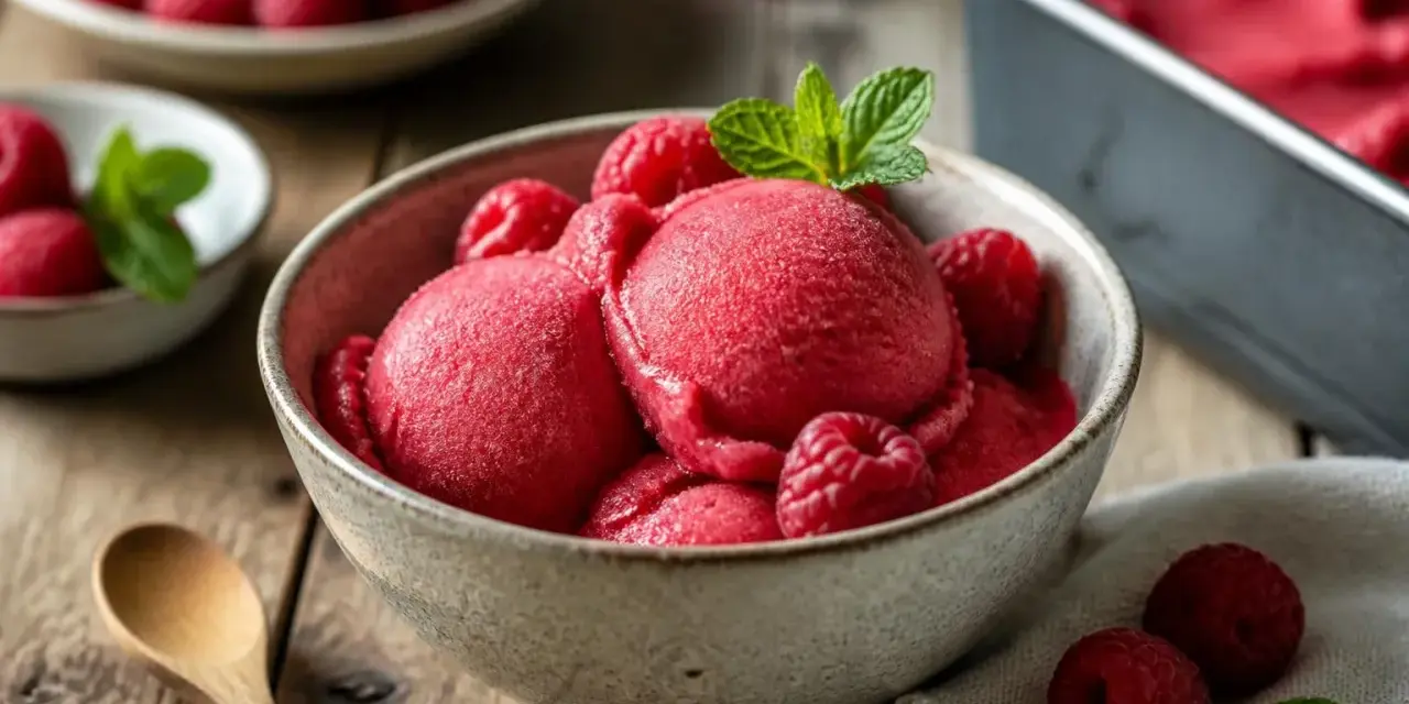 Himbeersorbet, das man einfach **sorbet selber machen ohne eismaschine** kann. Serviert in einer Schale mit frischen Himbeeren und Minze.