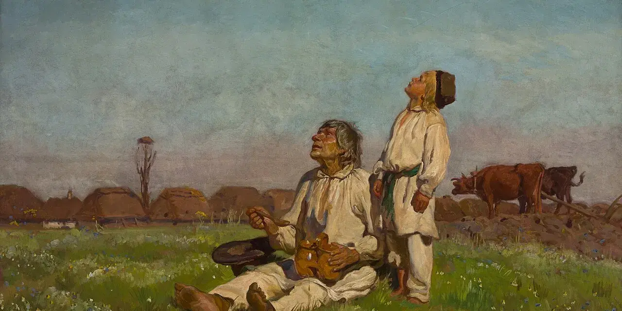 Obraz przedstawia dwóch mężczyzn wpatrzonych w niebo, gdzie latają bociany. W tle wieś i pasące się krowy.