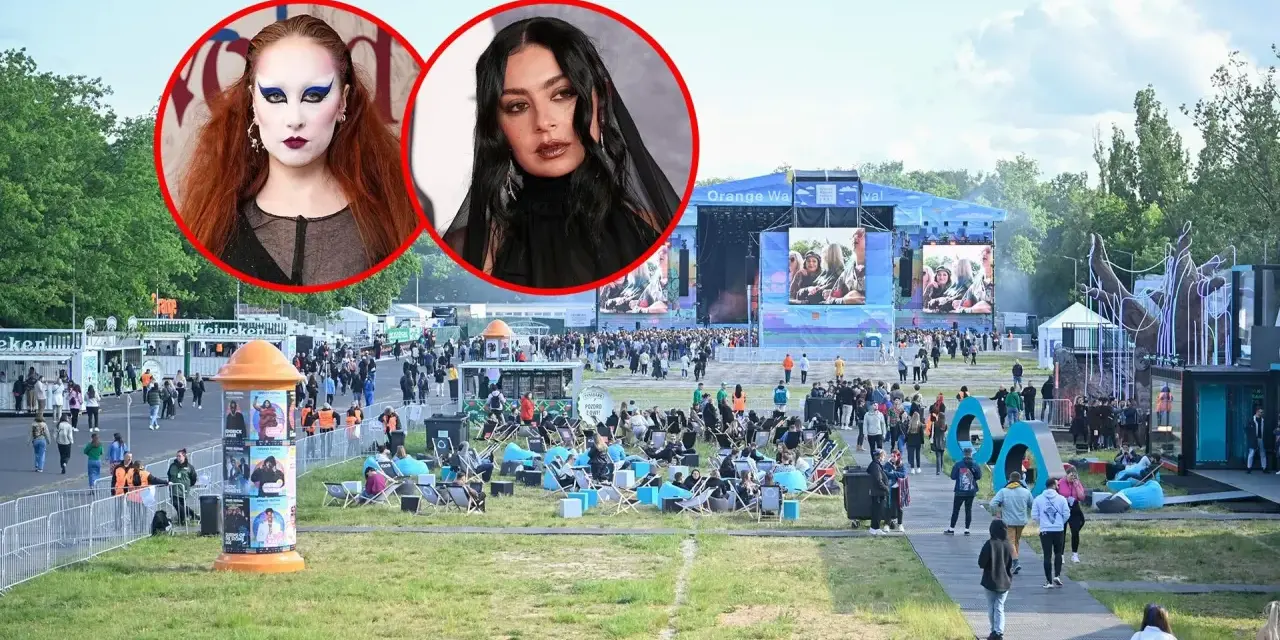 Dwie artystki na Orange Warsaw Festival, gdzie tłumy bawią się pod sceną.