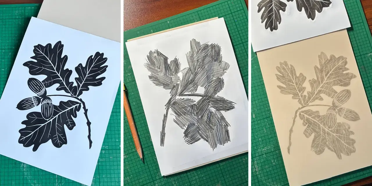 Tre steg i skapandet av ett linoleumtryck med ekollon och blad. Inspiration för ditt eget linoleumtryck.