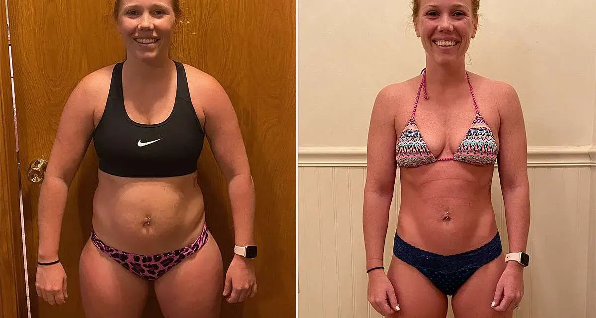 Woman's fitness journey: before and after, showcasing significant changes after using an assault bike.