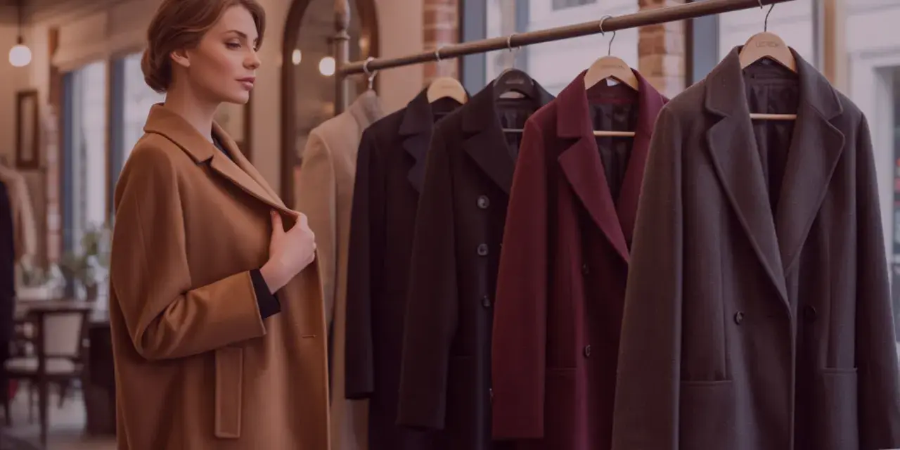 Donna osserva diversi tipi di cappotto in negozio: un cammello, un nero, un bordeaux e un grigio scuro.