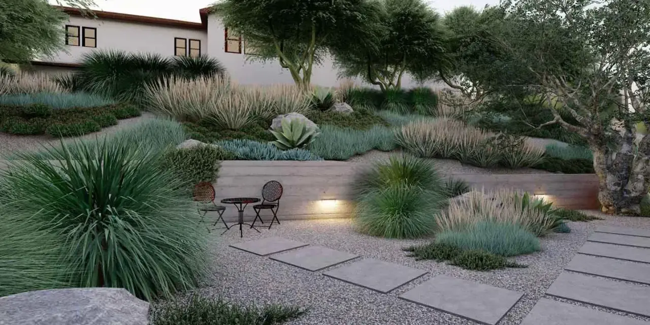 Giardino moderno con ghiaia, piante ornamentali e un piccolo tavolo. Idee giardino con ghiaia per un'oasi di pace.