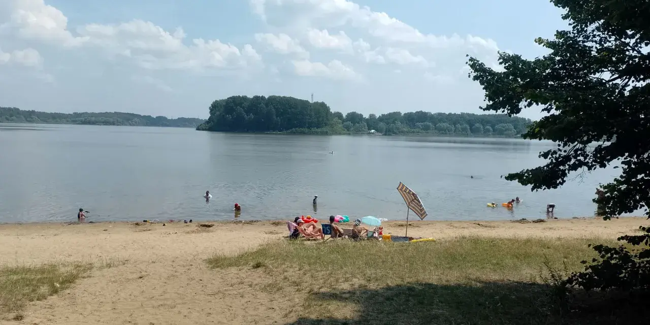 Na Jeziorze Przeczyckim można się kąpać. Ludzie odpoczywają na plaży i pływają w wodzie.