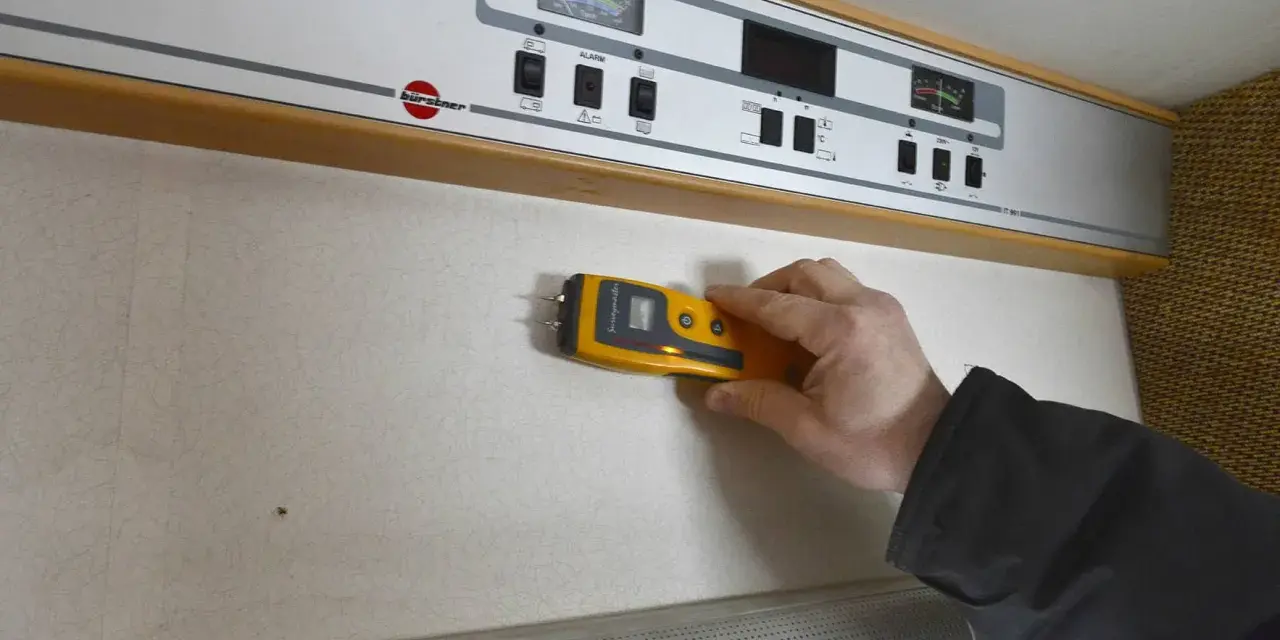 Hand håller fuktmätare mot vägg för fukttest protokoll.