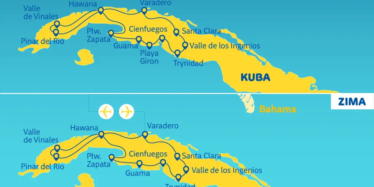 Mapa Kuby z zaznaczonymi trasami podróży latem i zimą. Gdzie jest Kuba? Na mapie widać Hawanę, Varadero, Pinar del Rio i inne miejsca.