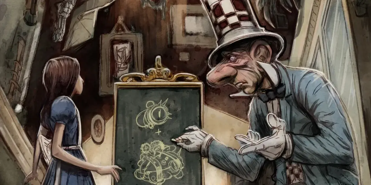 Alice en el asilo, observando al Sombrerero Loco dibujar extraños diagramas en una pizarra.