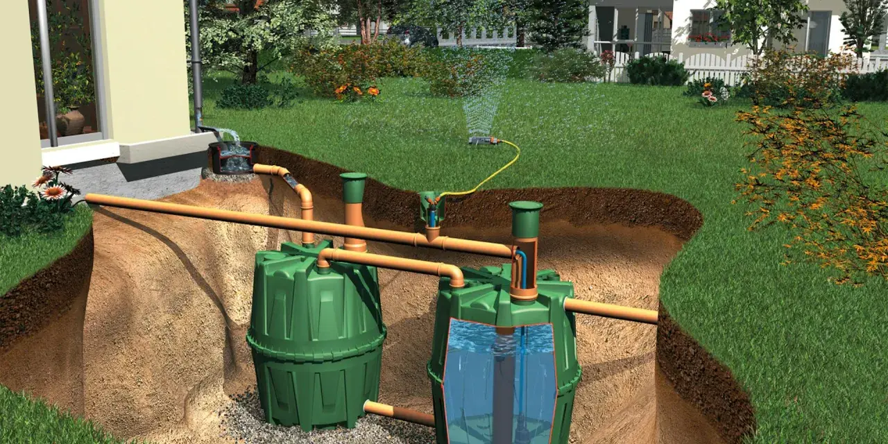 Regenwasser wird gesammelt und im Garten zur Bewässerung genutzt. Zwei grüne Tanks speichern das Wasser, das über Rohre vom Haus und aus dem Garten zugeführt wird.